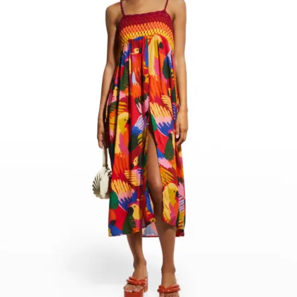 Colorful Tropical Print Smocked Midi Sundress